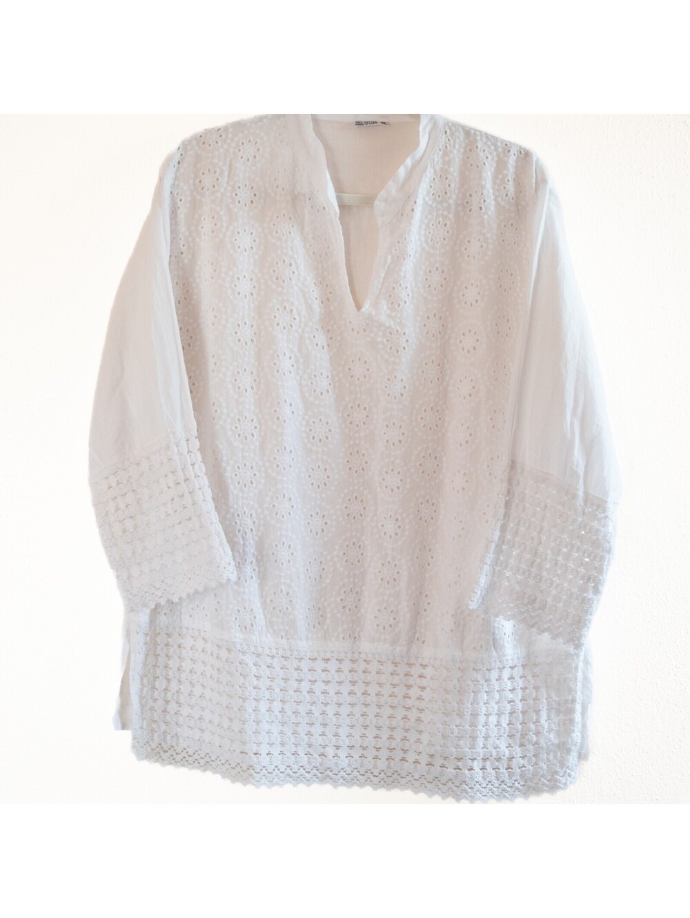 White Eyelet Crochet Cotton Peasant Tunic XL Boho Cottagecore Fairycore Coastal